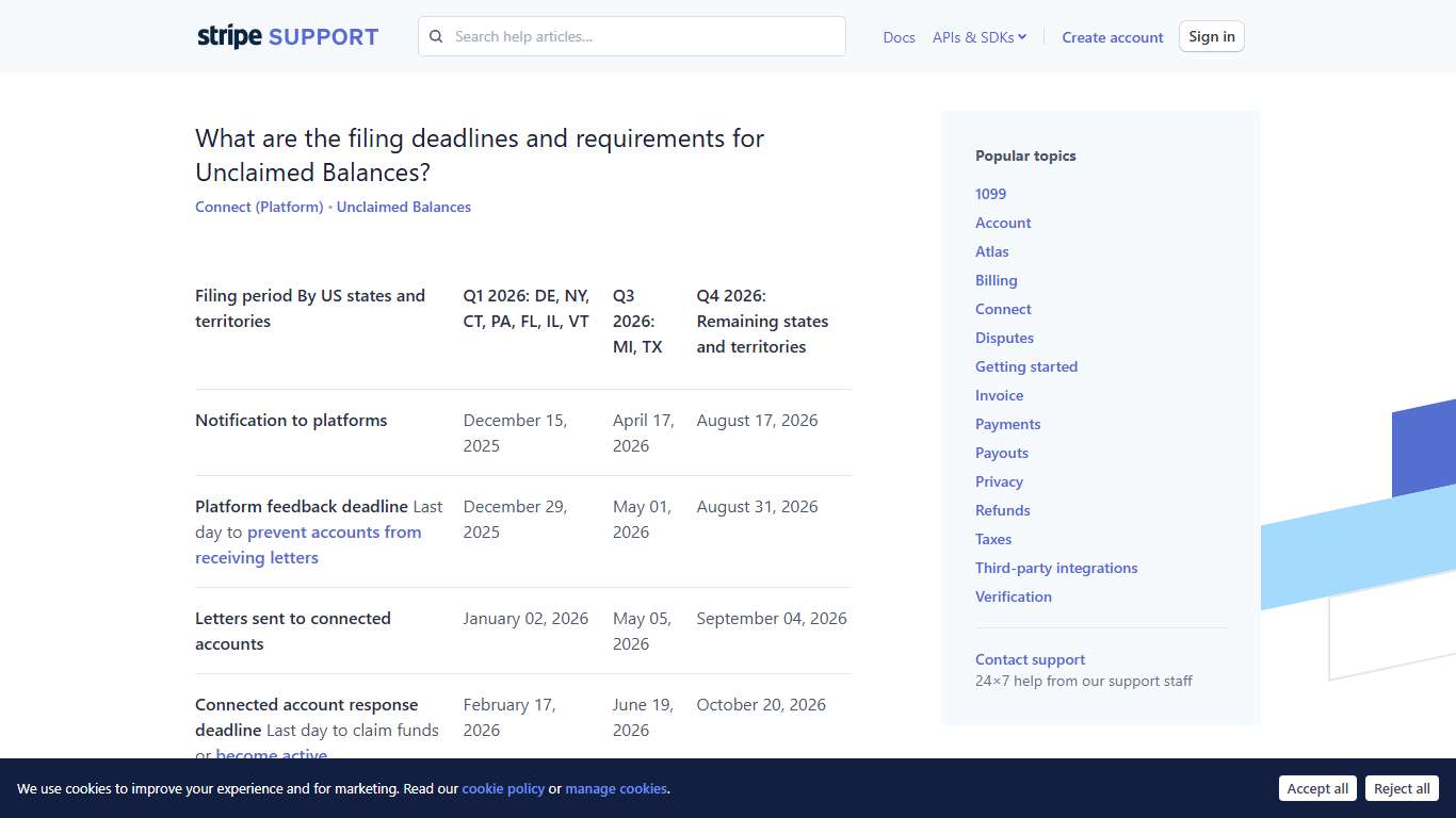 What are the filing deadlines and requirements for Unclaimed Balances? : Stripe: Help & Support